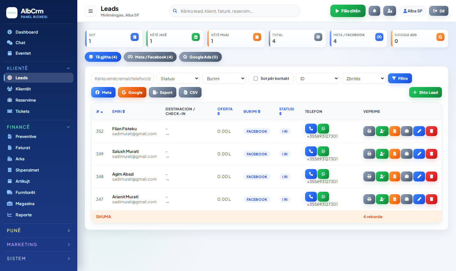 Lista e lead-eve në Leads CRM