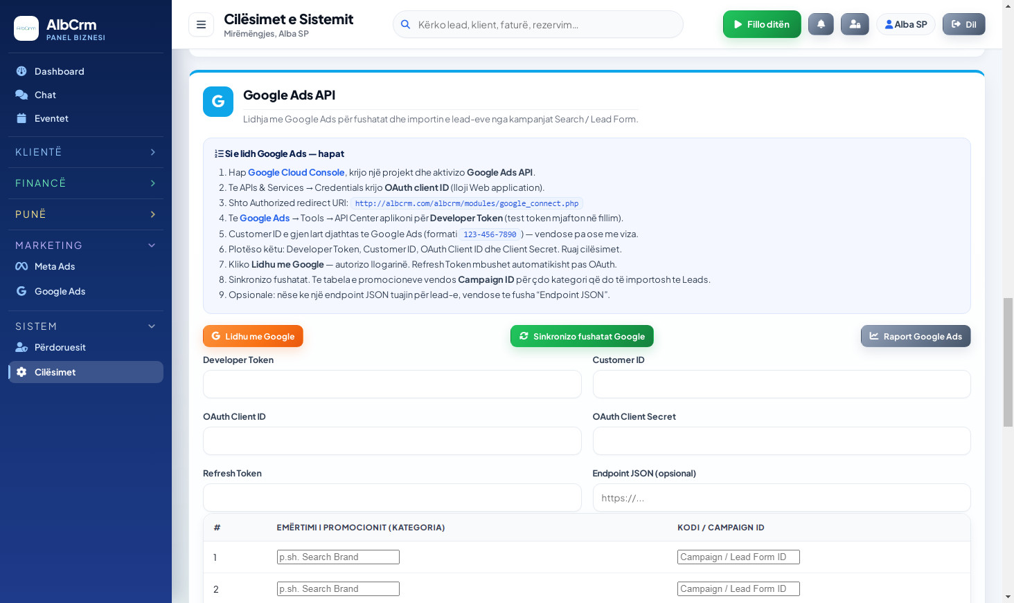 Konfigurimi Google Ads API